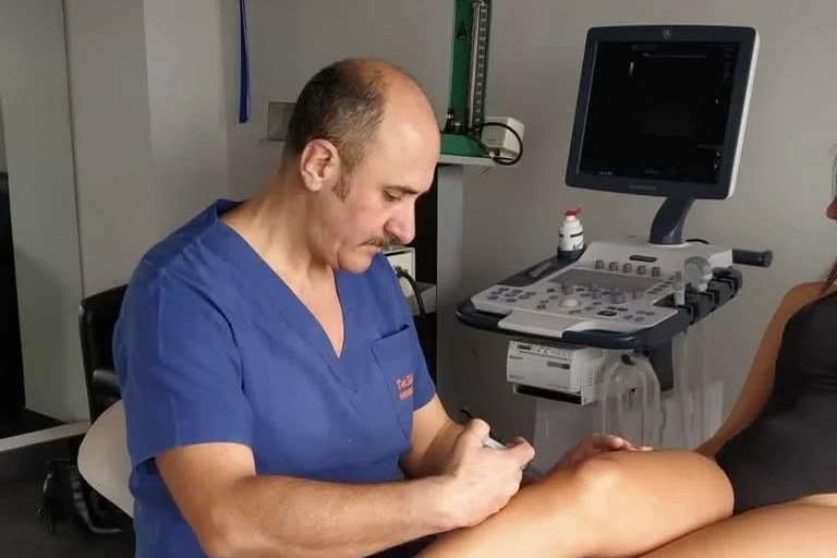 Il Dott. Russo in camice blu esegue l'ecocolordoppler su una gamba durante la visita